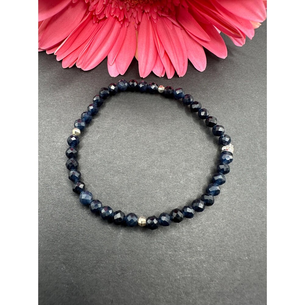 Dark blue sapphire bracelet, 925 sterling silver, elastic bracelet, cz silver